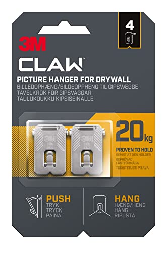 3M Claw Plasterboard Picture Hanging Wall Hooks For Hanging Home Décor 4 Hangers Holds up to 20 kg - Ideal for Heavyweight Items