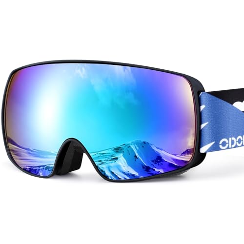 Odoland Children's Ski Goggles Snowboard Goggles for Boys and Girls, Helmet Compatible Mirrored Snow Goggles UV Protection Anti-Fog for Skiing Skating Blue Lens Vlt 19%