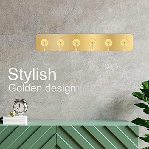 Image of Self Adhesive Wall Hooks for Kitchen Organizer Hook for Wall Without Drilling for Home Kitchen Bathroom Bedroom Keys Bag Towels - 6 Stainless Steel Hook with Plastic Strip ( Golden, Pack of 1)