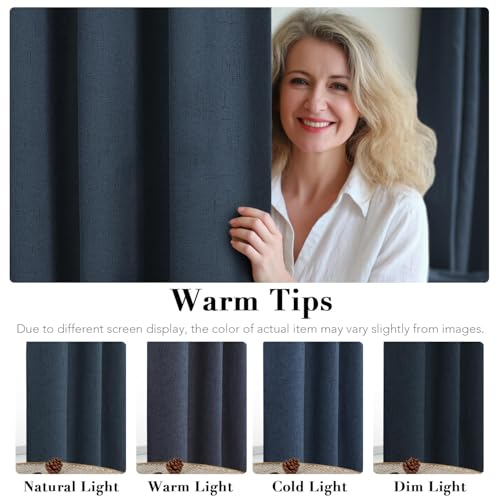 Image of H.VERSAILTEX Blackout Curtains Linen Curtains 120 inches Long 100% Black Out Curtains for Bedroom Windows, Textured Linen Look Draperies Grommet with White Liner, 2 Panels, Navy