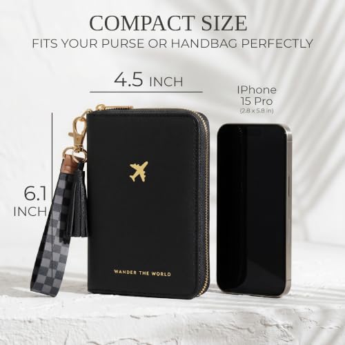 Image of Stylish Passport Holder for Travel with Detachable Wristlet Strap, Black, 6.4 x 4.6 x 0.7 inches, Modern | All-in-one Travel Wallet Organizer for Women - Secure Money Belt Alternative with Card Slots and Tassel Keychain
