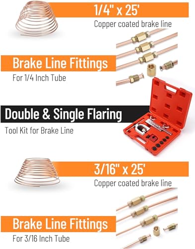 Image of 25FT 1 /4 inch + 3 /16 inch Copper Brake Line Kit | Includes 32 Fittings and 8 Unions + Tube Bender + Brake Line Double & Single Flaring Tool Kit