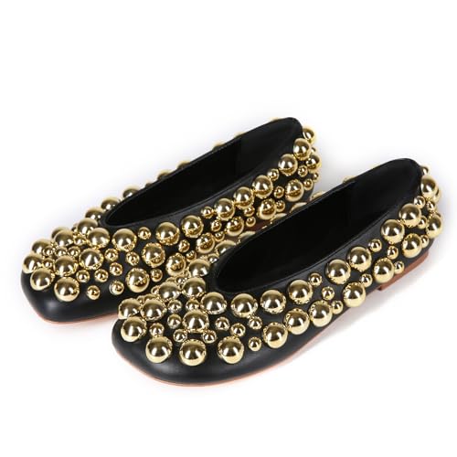 Saint Leia Women's Black Ballet Flats Shoes with Gold Silver Pearls Ideal for Work Parties Everyday Wear2