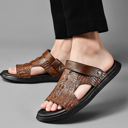 Men's Genuine Leather Sandals - Classic Printed Open-Toe Slides - Non-Slip Comfortable Beach Shoes4