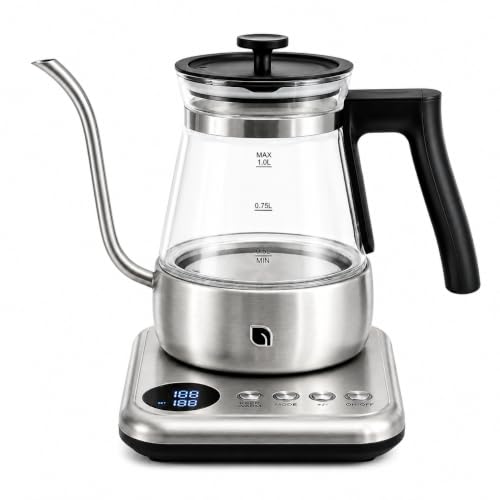 WILLOW Glass Gooseneck Electric Kettle, 5 Temperature Control Presets & Keep Warm, Pour Over Kettle for Coffee & Tea, 1L 1200W Hot Water Boiler, Non-Toxic BPA-Free Electric Tea Kettle, LED Display