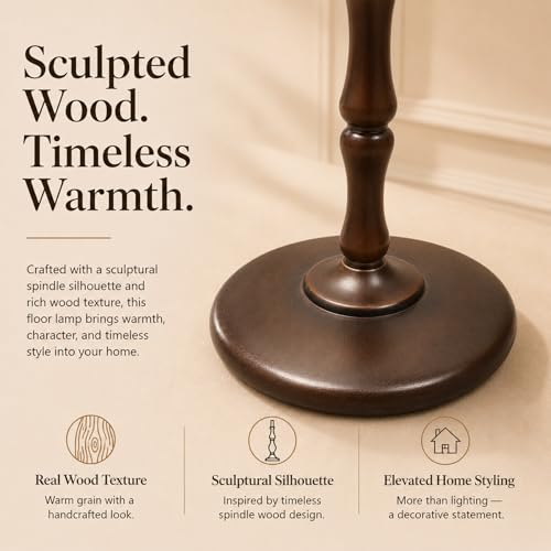 Image of Real Wood Floor Lamp with Dual Lampshades, Sculptural Spindle Standing Lamp with Foot Switch, Modern Farmhouse Dimmable Floor Lamp for Living Room, Bedroom, Reading Corner & Cozy Home Decor