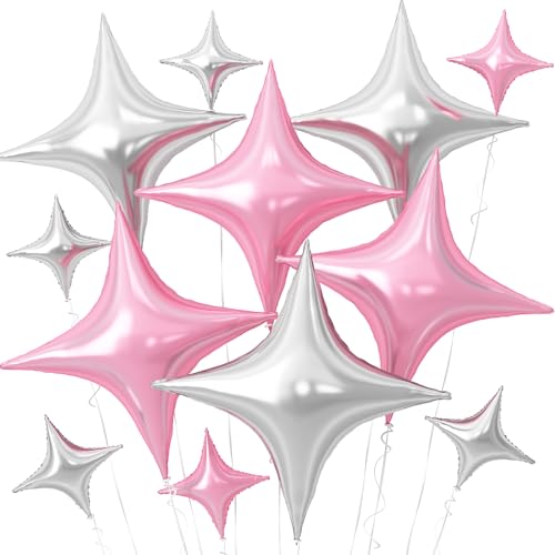 Image of Pink Silver Star Balloons,12Pcs Four Angle Star Foil Balloons,26Inch and 10Inch Pink Silver Quadrangle Helium Balloon for Birthday Anniversary Baby Shower Wedding Party Decorations