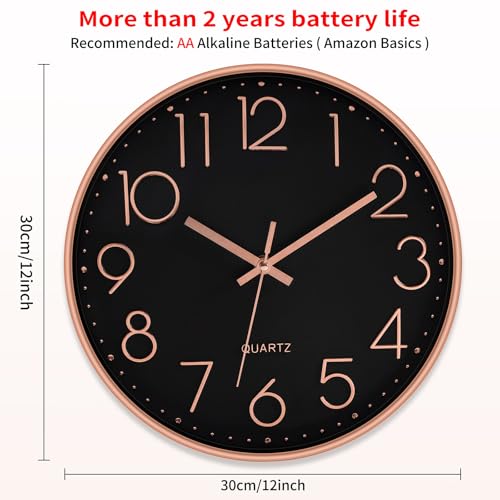 Image of Foxtop Modern Decorative Wall Clock, Silent Non-Ticking Quality Quartz Battery Operated Round Easy to Read for Home Office School (Rose Gold Plastic Frame, Black Dial, Arabic Numbers)