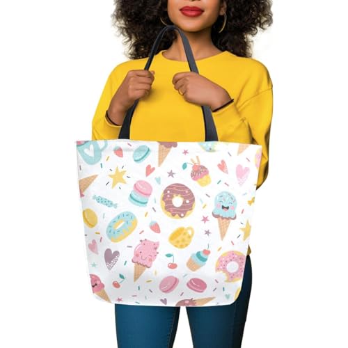 Cartoon Ice Cream and Donuts Canvas Tote Bag for Women with Zipper Pocket Reusable Grocery Shopping Bags Large Travel Shoulder Bag Handbag Bags2