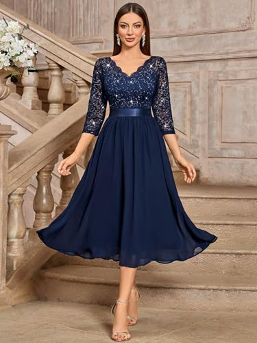 Miusol Women's Elegant V Neck Sequin Lace Sleeve Bridesmaid Party A-line Dress4