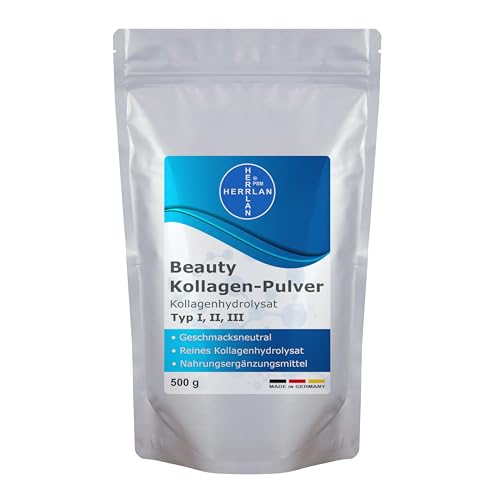 HERRLAN® Beauty Colágeno en Polvo 500 g – colágeno hidrolizado altamente dosificado tipo 1, 2 y 3 – sin sabor y sin aditivos – péptidos puros – Fabricado en Alemania