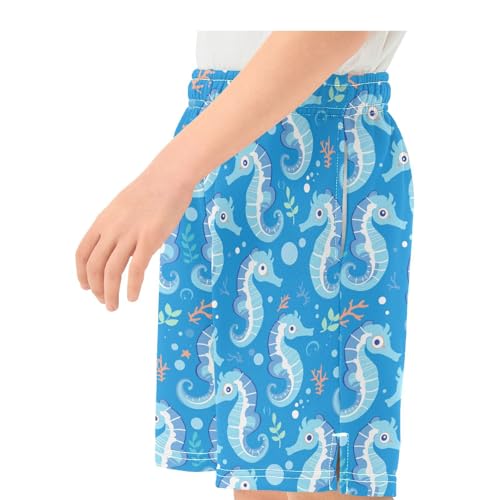 Boys Athletic Shorts with Pockets Blue Cartoon Seahorse Running Basketball Shorts for Youth Elastic Waist Size 7-8 7