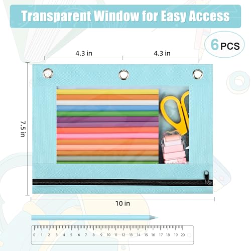 Image of Lanpn Pencil Pouch for 3 Ring Binder 6 Pack, Pastel Binder Pen Bags with Zipper, 3 Holes Pencil Holder Stationary Organizer for Boy Girl Kids School Student, Reinforced Grommets & Clear Window, Blue
