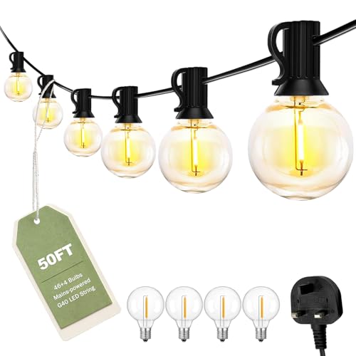 ROMANJOY 50FT Outdoor LED String Lights Mains Powered Connectable Festoon Lights with 46+4 Shatterproof 1W G40 E12 Bulbs Warm 2200K for Outside Garden/Patio/Backyard/Cafe/Bistro/Wedding