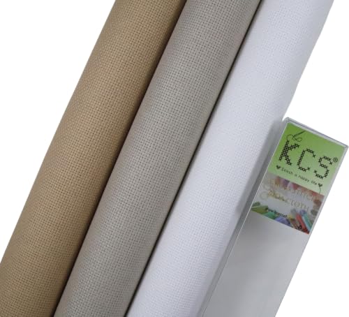 Image of KCS 3 pc of 15 inch x 18 inch(38cmx45cm) 16 Count Cross Stitch Cotton Aida Cloth Needlework Rolled Fabric Box,16CT,Khaki+Pearl Grey+White