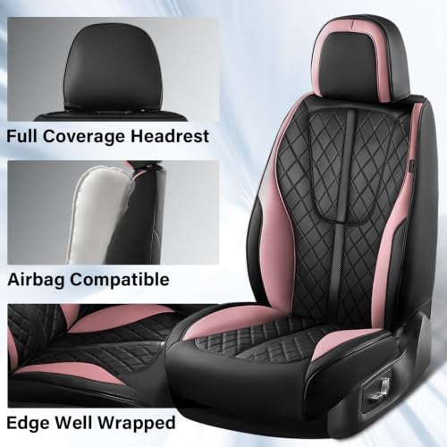 Image of Coverado Front Seat Covers, Luxury Diamond-Pattern Leather Car Seat Cover & Carbon Fiber Lines, Black and Pink Driver Seat Cover, Waterproof Car Seat Protectors Seat Cover Universal Fit for Most Cars