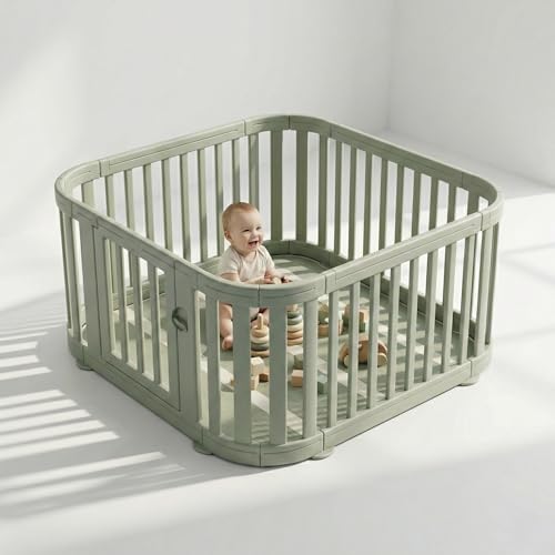 Venture All Stars Baby Playpen - Large Plastic Playpen for Baby and Toddlers with Free Mat Sturdy Lockable Door Push-Fit Assembly Rounded Edges Indoor & Outdoor Play Pen - Green