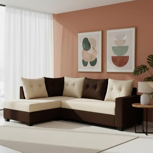 Image of SOCOZI Oriana 4 Seater LHS L Shape Sofa Set | Soft Velvet Suede Fabric | Modern Design | Plush Comfort Cushions for Living Room (Dark Brown-Cream)