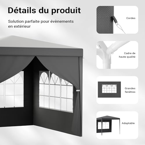 Toboli Pavillon 3 x 3 m en gris avec protection UV 50+, gazebo de jardin avec côtés amovibles, tente de réception avec fenêtres pour terrasse et festival, par exemple – Image 6