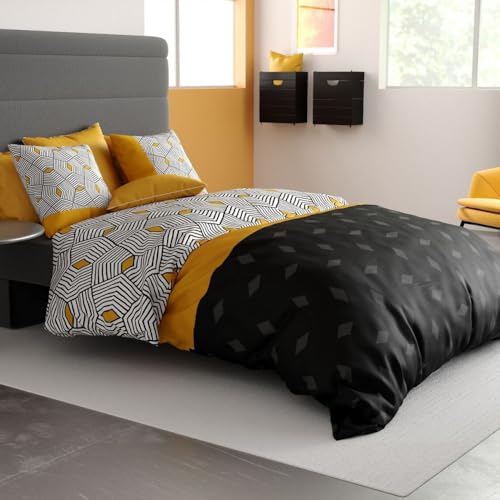 Alpes Blanc - Housse de Couette 220x240 cm Faro - Parure de lit géométrique Jaune Moutarde et Noir 2 taies - 100% Coton 57 Fils - Oeko-TEX
