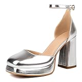 XIEDA Women's Silver Platform Heels High Chunky Block Heels Ankle Strap Closed Toe Pumps Shoes (8, Silver)