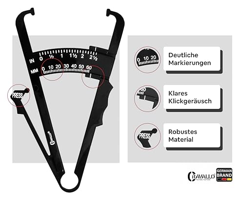 Cravallo® Caliper I Körperfettmessgerät I Fettmesszange I Fettzange I Fettmesszange I KfA-Zange I Body Fat Measure I Unkompliziert und mit Video Anleitung I Körperfettmesser zum messen von Körperfett