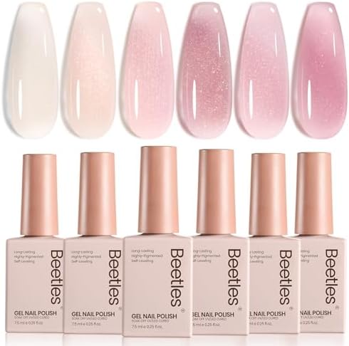 Beetles Jelly Gel Nail Polish Set - 6 Colors Nude Pink Purple Glitter Gel Polish Kit Faded Rose Color Neutral Sheer Gel Translucent Effect Soak off UV DIY Salon Manicure Gift for Women