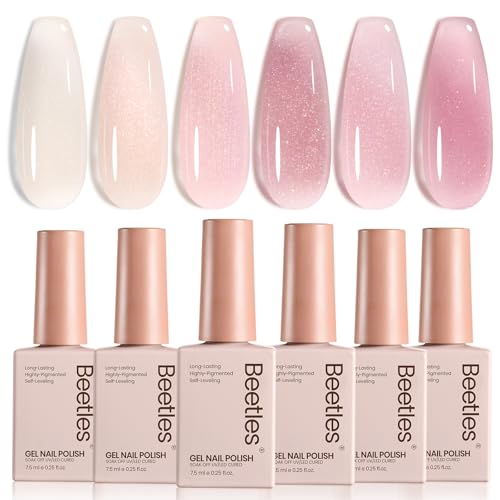 Image of Beetles Pink Glitter Gel Nail Polish Set - 6 Colors Jelly Gel Polish Kit Shimmer Pink Neutral Gel Sheer Translucent Effect Soak off UV DIY Salon Manicure Gift for Women