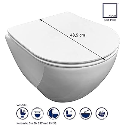 ADOB, verkürzte kurze spülrandlose wandhängende WC Keramik Toilette, platzsparend, mit passendem WC Sitz mit Absenkautomatik, inkl. Schallschutzmatte, 28022 – Bild 3