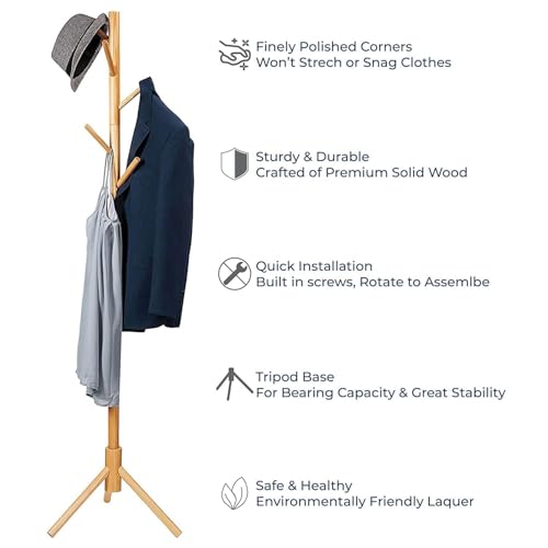 Image of Ash & Roh Natural Wooden Coat Rack Stand With Hooks Adjustable Height, Easy Assembly, Sturdy Solid Base for Coats, Hats, Handbags Entryway, Hallway, Bedroom, Office (Beige, 92-2)