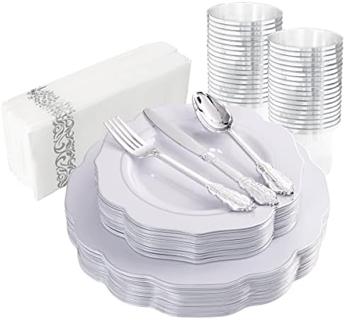 NOCCUR 175pcs Silver Plastic Plates - Christmas plates - Silver Rim Plastic Tableware Include 25Dinner Plates, 25Dessert Plates, 25Forks, 25Knives, 25Spoons for Wedding and Party