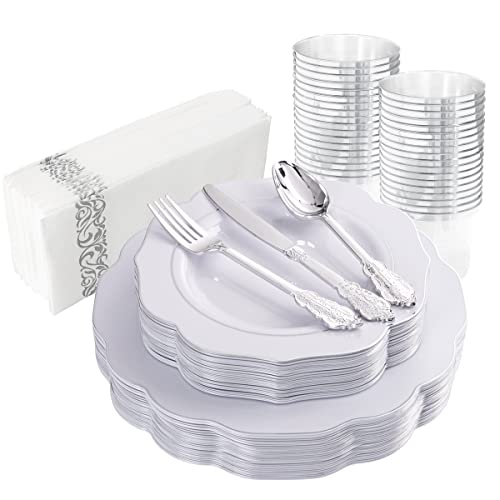 Noccur 175Pcs Silver Plastic Plates - Christmas Plates - Silver Rim Plastic Tableware Include 25Dinner Plates, 25Dessert Plates, 25Forks, 25Knives, 25Spoons For Wedding And Party #TOP26