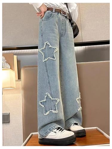 OYOANGLE Girl's Ripped Pattern Straight Leg Jeans Elastic High Waist Y2K Denim Pants with Pocket2