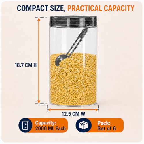 Image of Homeor Plastic Storage Jar & Containers With Spoon, Airtight & BPA Free Containers for Kitchen Storage, Grocery Kitchen Container, Multipurpose Jar, Fridge Storage Container, 2000 ML Set 6, Black