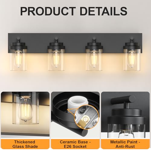 Image of IZORRO Bathroom Vanity Light Fixture, 4-Light 30 Inch Matte Black Bathroom Light Fixtures Over Mirror, with Clear Glass Shade, Modern Farmhouse Vanity Lights, Rustic Restroom Lighting Fixtures
