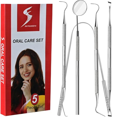 SS INSTRUMENTX Plaque Remover for Teeth Cleaning with Tongue Cleaner 5 Pcs Stainless Steel Dental Tools with Tartar and Calculus Removal for at-Home Personal Use Men Women and Kids