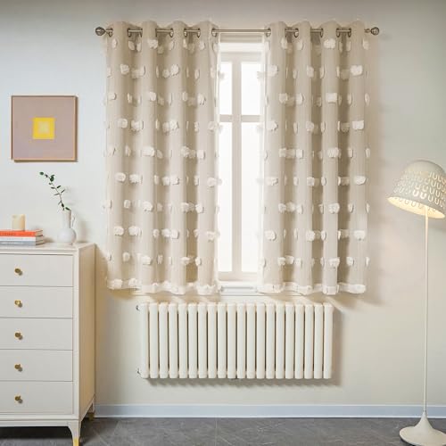 Image of MYSKY HOME Beige Curtains for Bedroom 63 Inch Long Double Layer Curtains for Kids Room Kithen Beige Pom Pom Sheer Nursery Curtains Grommet Room Darkening Window Curtains 2 Panels Set, 52 x 63 Inch