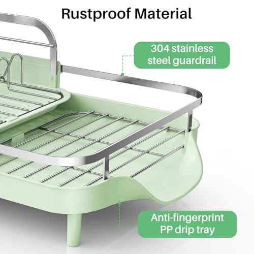 Image of SAYZH Dish Drying Rack - Expandable Dish Rack for Kitchen Counter, Rust-Resistant Dish Drainer with Utensil Holder and Raised Guardrail, Kitchen Organizer for Cup and Bottle (Green)