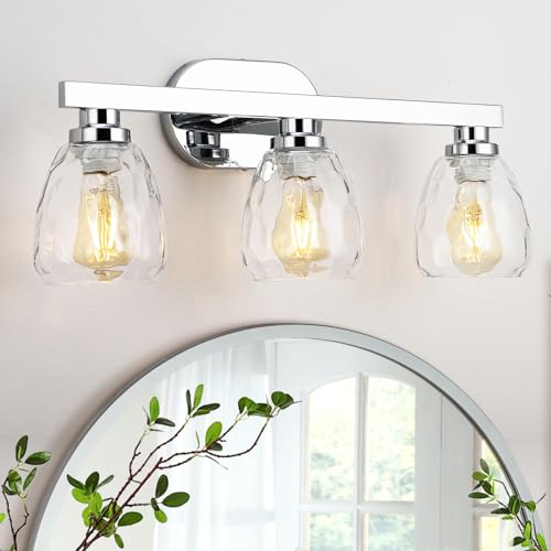 Image of GAOMON 3 Light Bathroom Light Fixtures, Chrome Vanity Light Fixtures Over Mirror Wall Mount Lighting Fixture with Hammered Glass Shade E26 Socket for Hallway Kitchen Bedroom Living Room