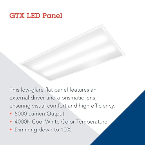Image of Lithonia Lighting GTX 2x4 LED Flat Panel Light, 2 ft. x 4 ft. LED Light Panel, Ceiling Lighting Fixture for Shop Lighting, Back Lit, 5000 Lumens, 4000K Cool White, A12 Prismatic Lens, White