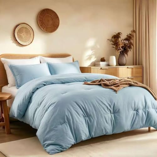 Image of Quataly California King Comforter Set Prewashed Lightweight Quilted Bedding | 3PCS Mist Blue Breathable Down Alternative Bedding Set with 1 Solid Comforter (104 inchx96 inch) and 2 Soft Pillowcases