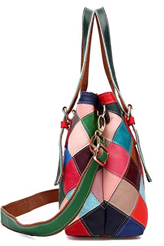 Segater® Women Multicolor Tote Bag Genuine Leather Colorful Square Stitching Handbag Purse Ladies Bohemian Design Handbag Vintage Patchwork Crossbody Bags #TOP2