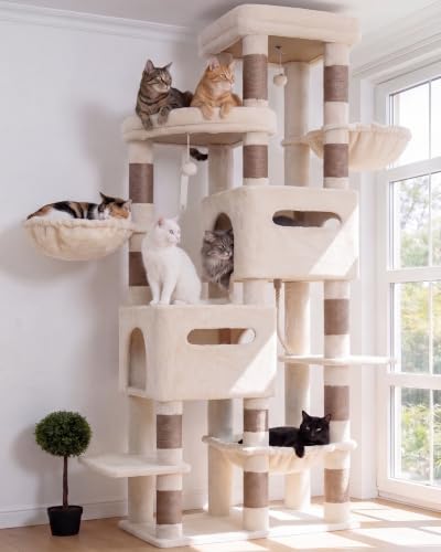 Heybly Arbre à Chat 190cm avec Base Élargie et Ultra-Stable, Tour à Chat XXL pour Grand Chat, Meuble Chat avec 2 Nids, Perchoir, Hamac, Poteaux à Gratter en Sisal, Beige HCT062MJ