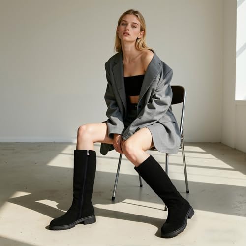 Image of VIUGJNEX Knee High Boots Women Low Heel Flat Chunky Fall Tall Riding Boots