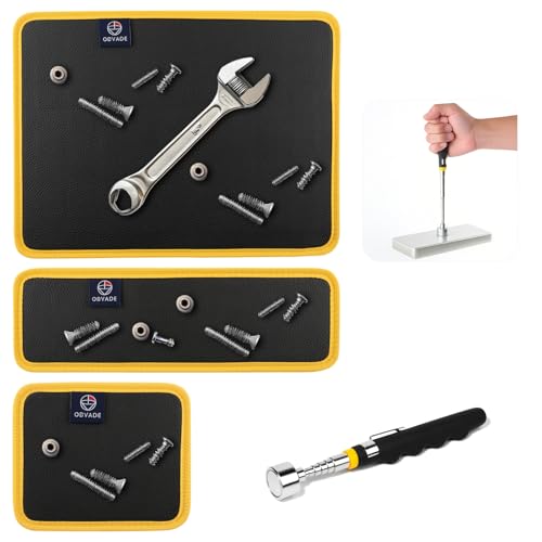 Magnetic Tool Mat Set 4 Pack Tool Mat Set with Telescoping Pickup Tool | 40LB Strong Magnetic Mat for Tools | Screws & Parts Garage Workshop Organizer for Mechanics & DIY(Yellow)