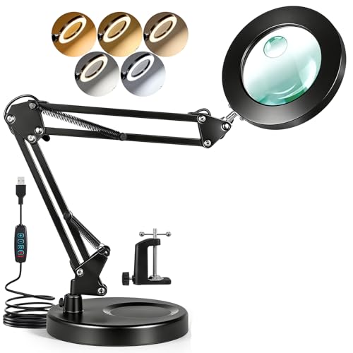 Dibaful Lupe mit Licht und Ständer 10 mit 15 Fach Lupenleuchte mit Klemme | Leselupe Standlupe Lupenlampe mit 5 Farben und Stufenlos | LED Schreibtischlampe für Reparatur Arbeit und zum Lernen