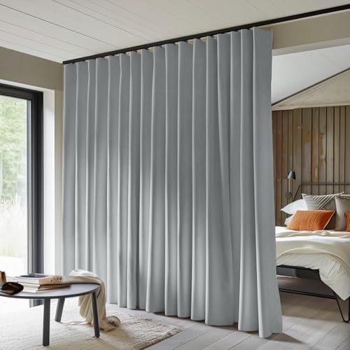 MaKefeile Room Divider Curtains Total Blackout Privacy Curtain Panel Room Thermal Insulated Noise Reduction Curtains for Bedroom Window Living Room Ceiling Track Curtain W 12.5 ft × H 9 ft Grey