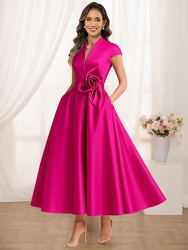 Satin Mother of The Bride Dresses for Women V-Neck Long Evening Formal Dress with Pockets NA2143