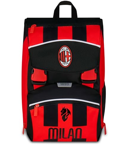 Seven Milan Zaino Doppio Scomparto Estensibile, Rosso e Nero, Squadra Calcio, Maxi Capienza, Schienale Preformato, Bambino, Scuola Elementare