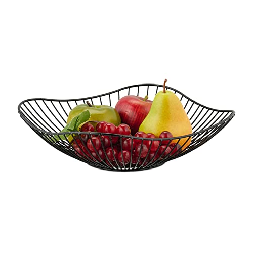 Relaxdays Centrotavola Portafrutta in Metallo, HxD: 7,5x27 cm, Cestino Porta Frutta, Verdura, Pane, Design Moderno, Nero